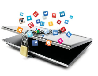 Graphic of laptop tied with a locked metal chain with icons of social media platforms floating around it
