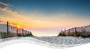 Sun rises over sand dunes on beach
