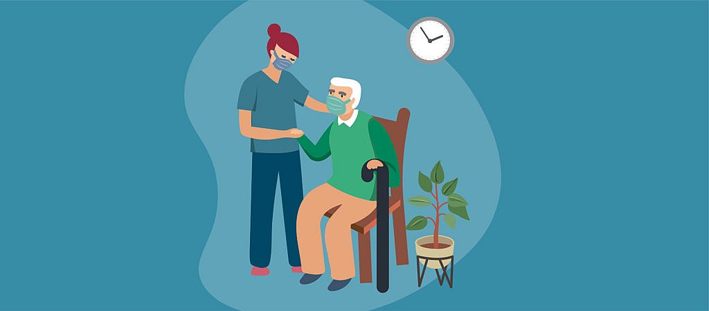 Person with a mask visiting an elderly person. Maybe the elderly person is in a wheelchair