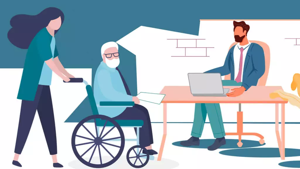 Elderly man with Alzheimer's at legal meeting with caretaker.